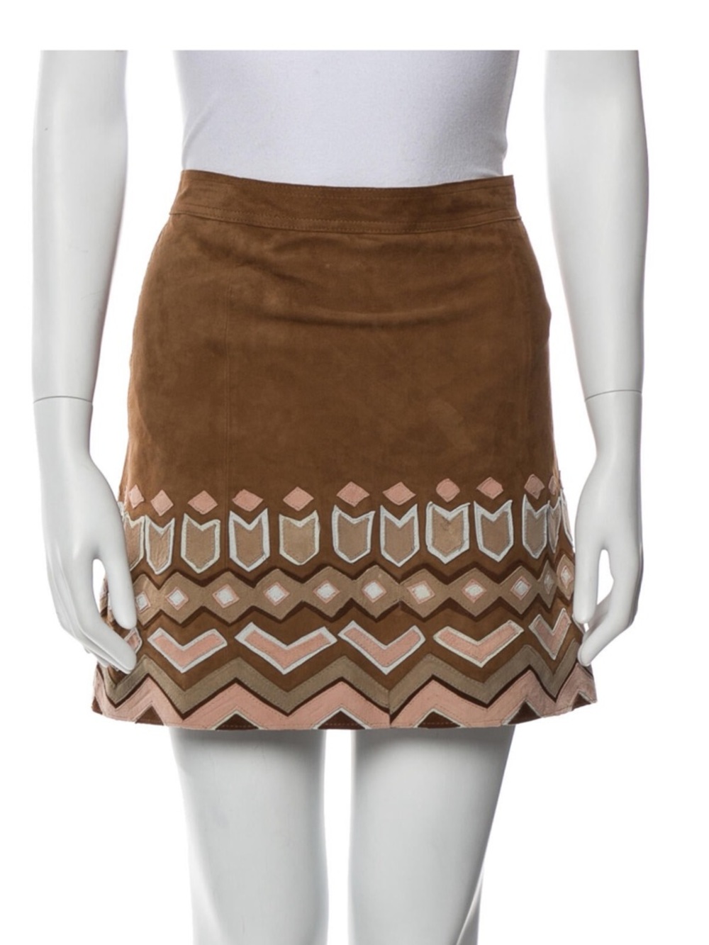 Calypso St. Barth Brown Suede Leather Mini Skirt Pink & Cream Embroidery XS $795